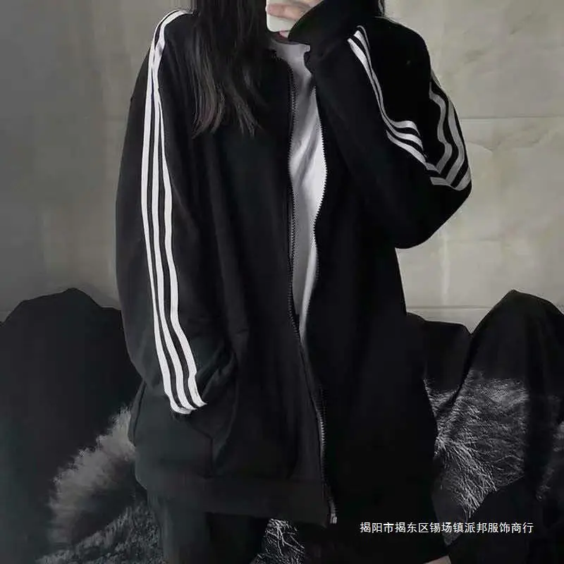 Women 2022 White Three Stripe Jacket Korean Style Loose Fit - Image 4