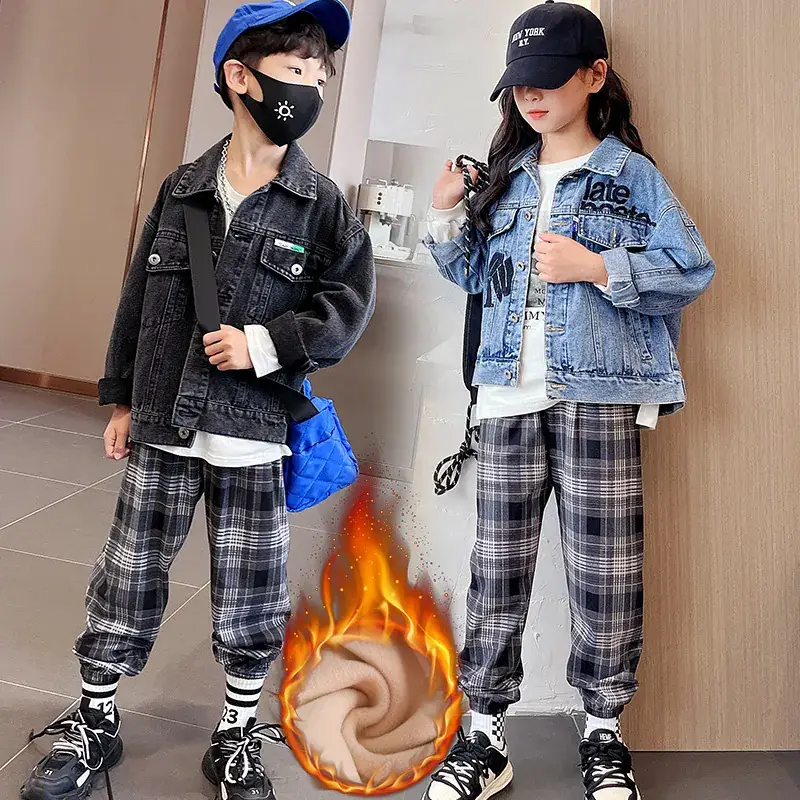22 Autumn and Winter Children's Fleece-lined Thickened Casual Pants for Boys and Girls Plaid Casual Leg-tied Pants Warm Sports Pants for Students