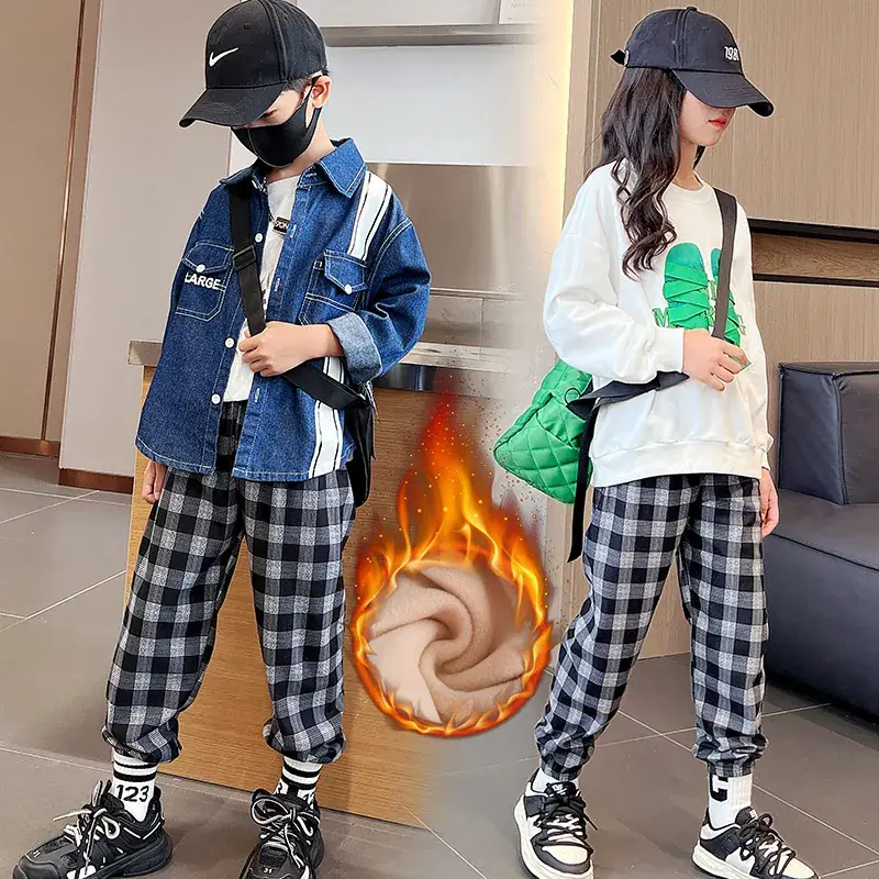 22 Autumn and Winter Children's Fleece-lined Thickened Casual Pants for Boys and Girls Plaid Casual Leg-tied Pants Warm Sports Pants for Students
