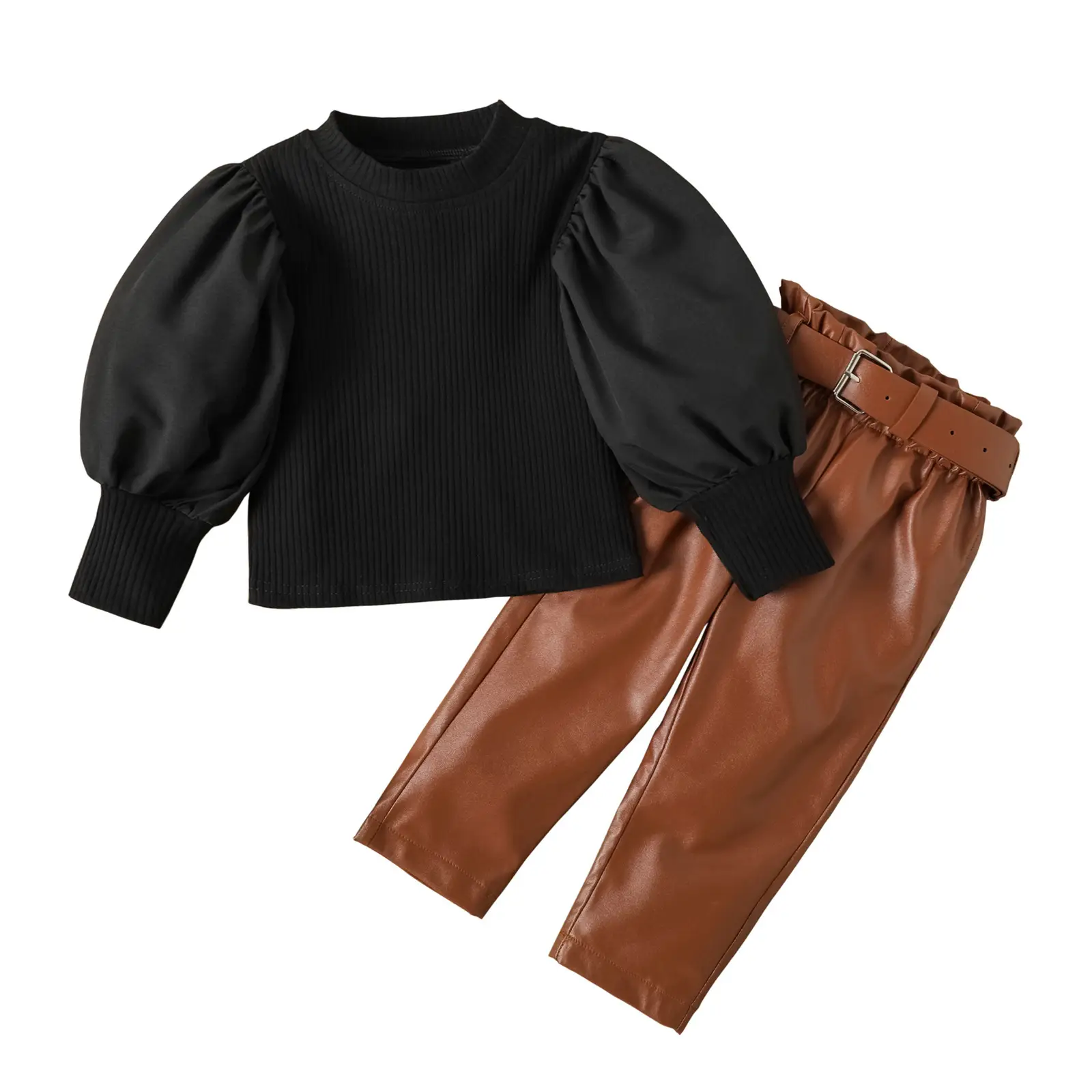 Girls Black Bubble Sleeve Top with Brown Leather Trousers Set - Image 5