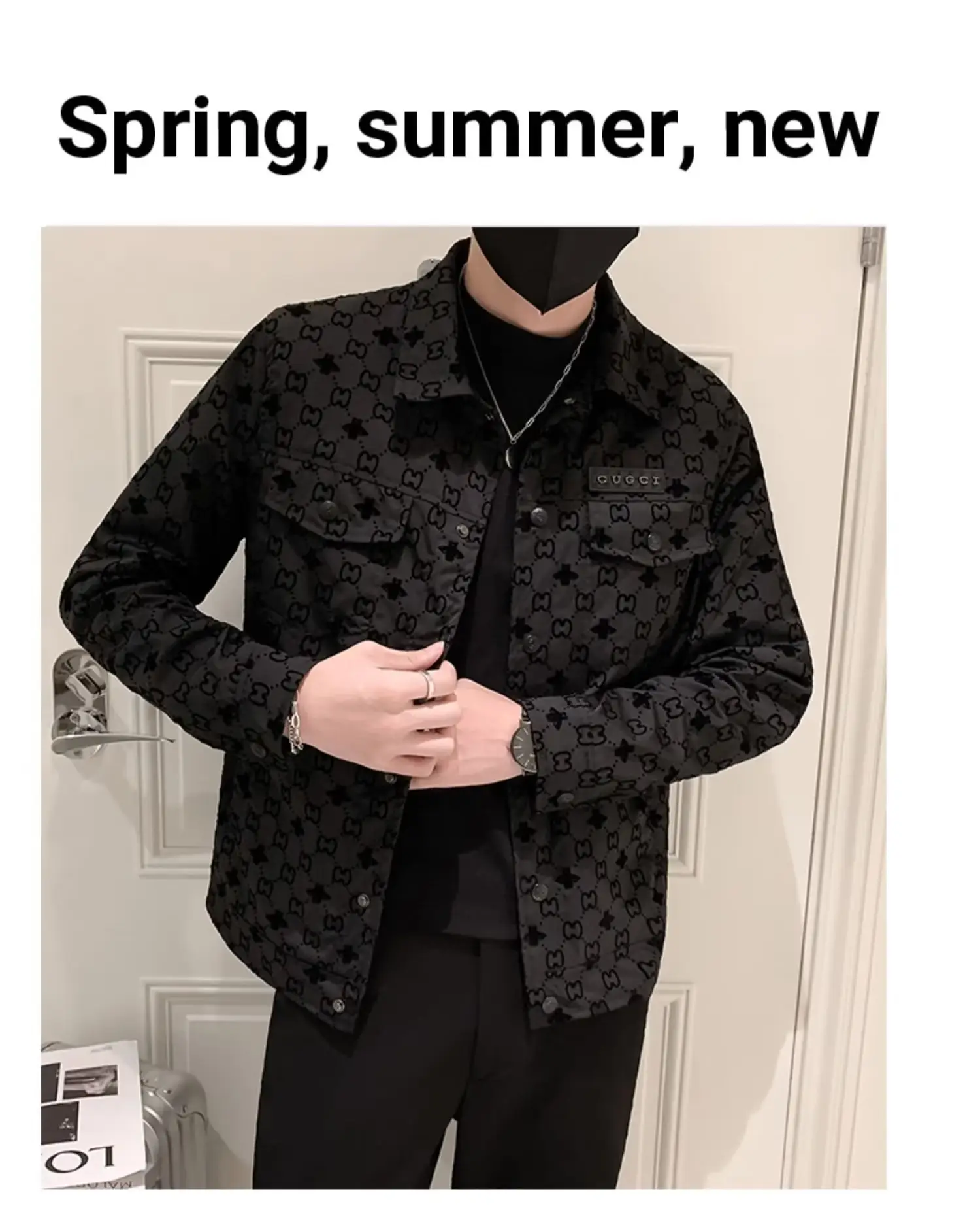 Men's Slim-fit Black Printed Lapel Jacket 2022 — feature 42