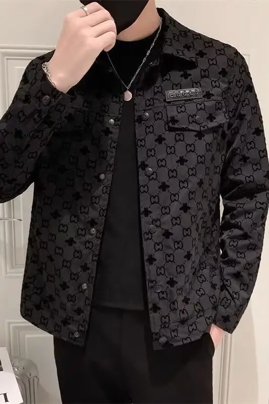 Men's Slim-fit Black Printed Lapel Jacket 2022 — feature 44