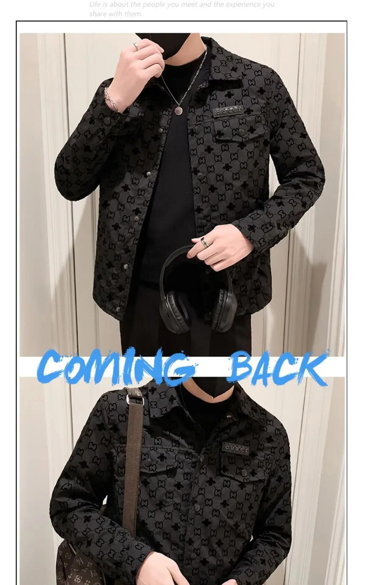 Men's Slim-fit Black Printed Lapel Jacket 2022 — feature 45