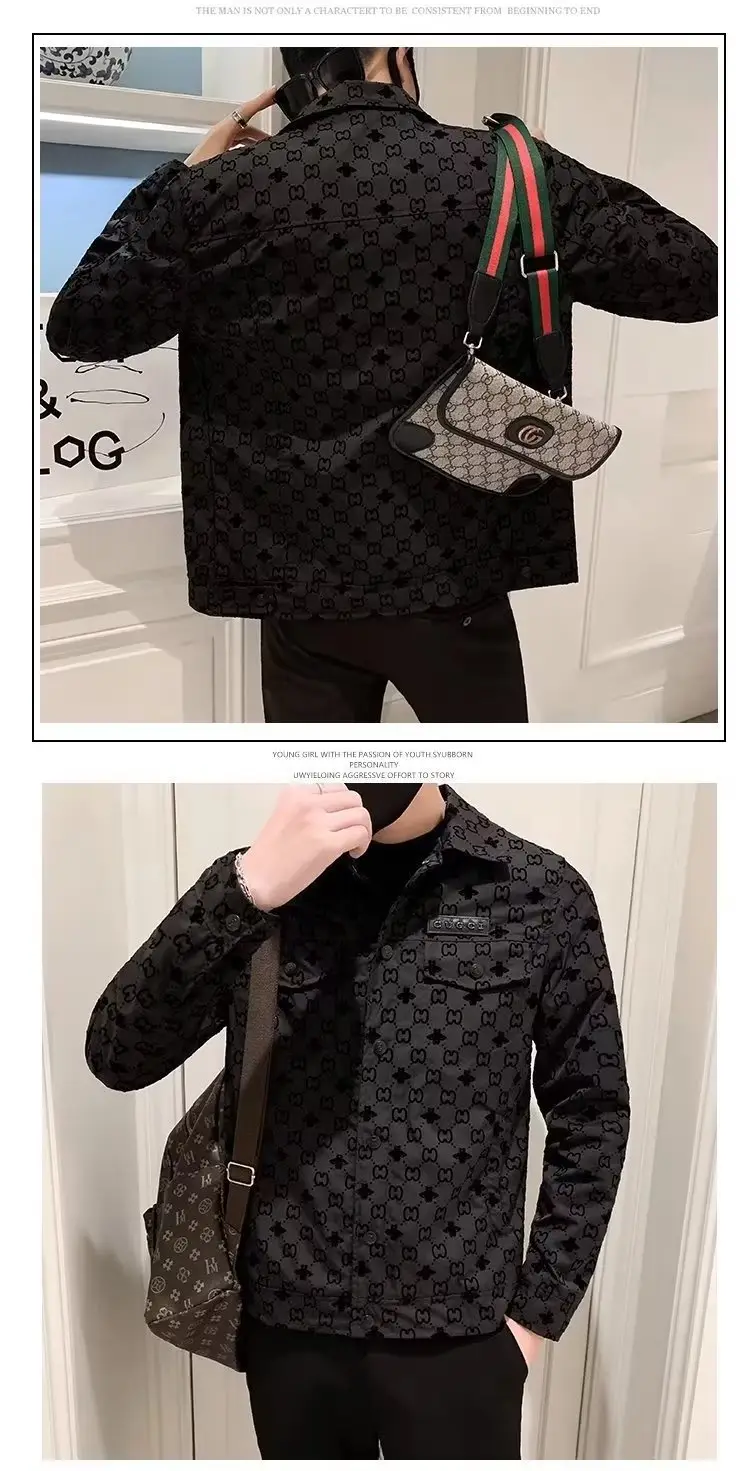 Men's Slim-fit Black Printed Lapel Jacket 2022 — feature 48