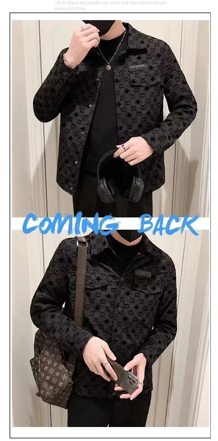 Men's Slim-fit Black Printed Lapel Jacket 2022 — feature 49