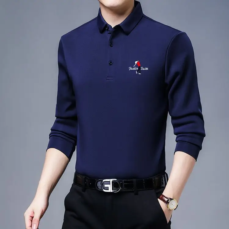 New Men Blue Polo Shirt All-Match Long Sleeve - Image 8