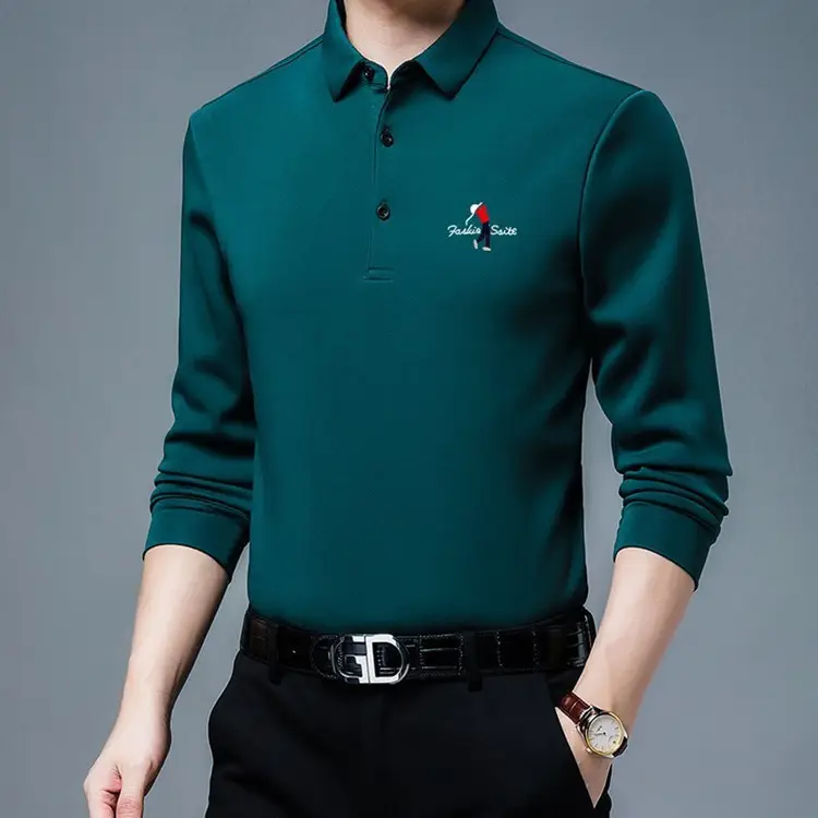 New Men Blue Polo Shirt All-Match Long Sleeve - Image 9