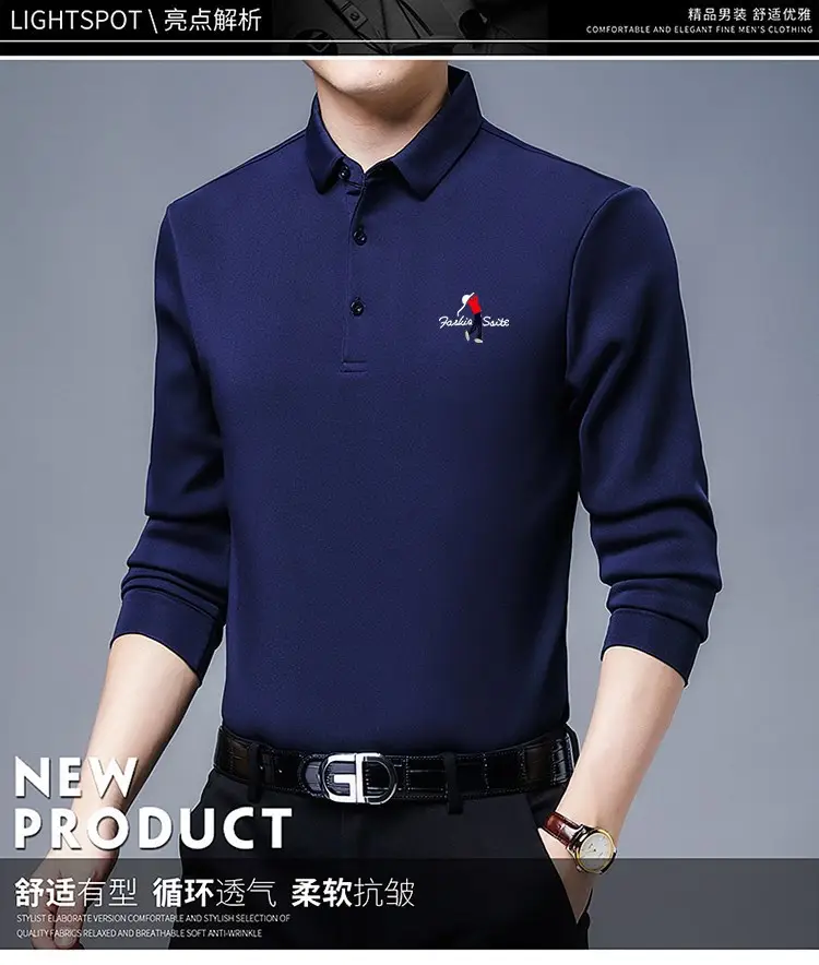 New Men Blue Polo Shirt All-Match Long Sleeve — feature 3