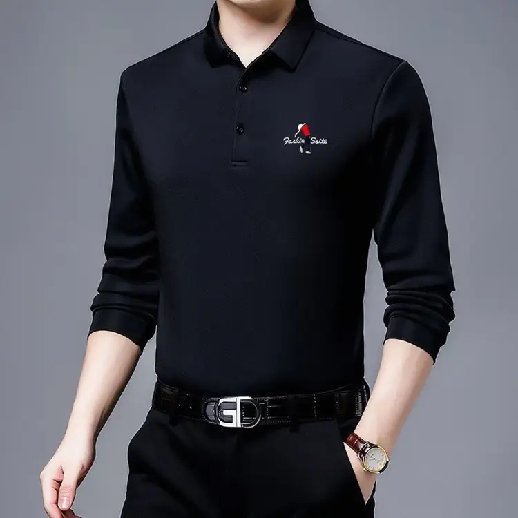 New Men Blue Polo Shirt All-Match Long Sleeve - Image 2