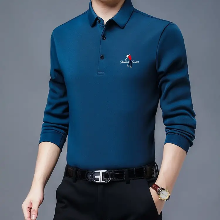 New Men Blue Polo Shirt All-Match Long Sleeve - Image 4