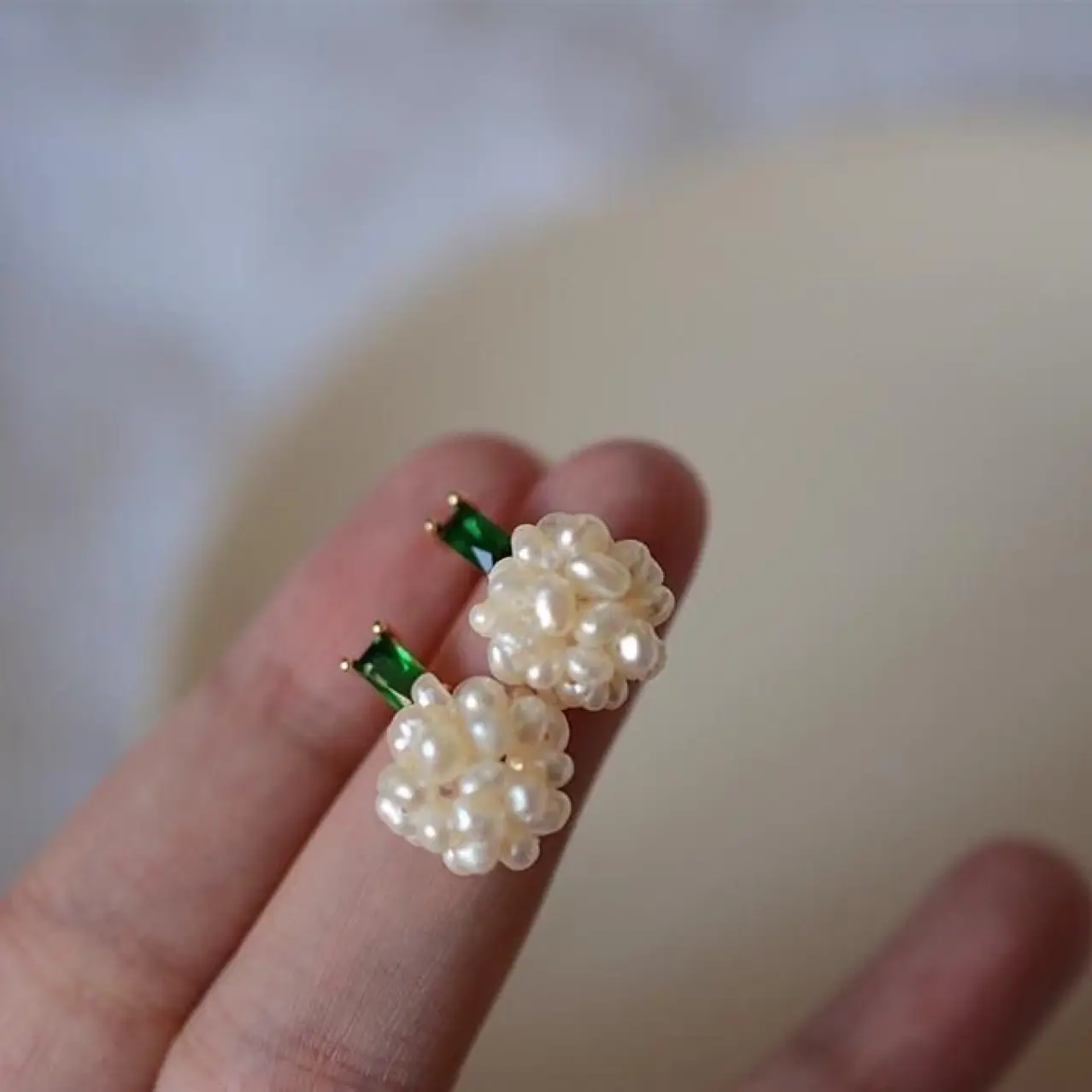 Freshwater Pearl Earrings for Women with Emerald Hydrangea Design - Image 2