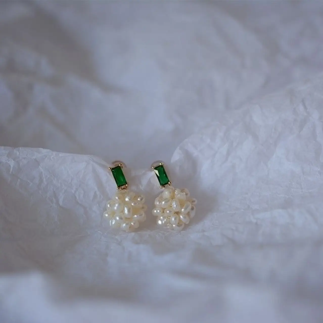 Freshwater Pearl Earrings for Women with Emerald Hydrangea Design - Image 4