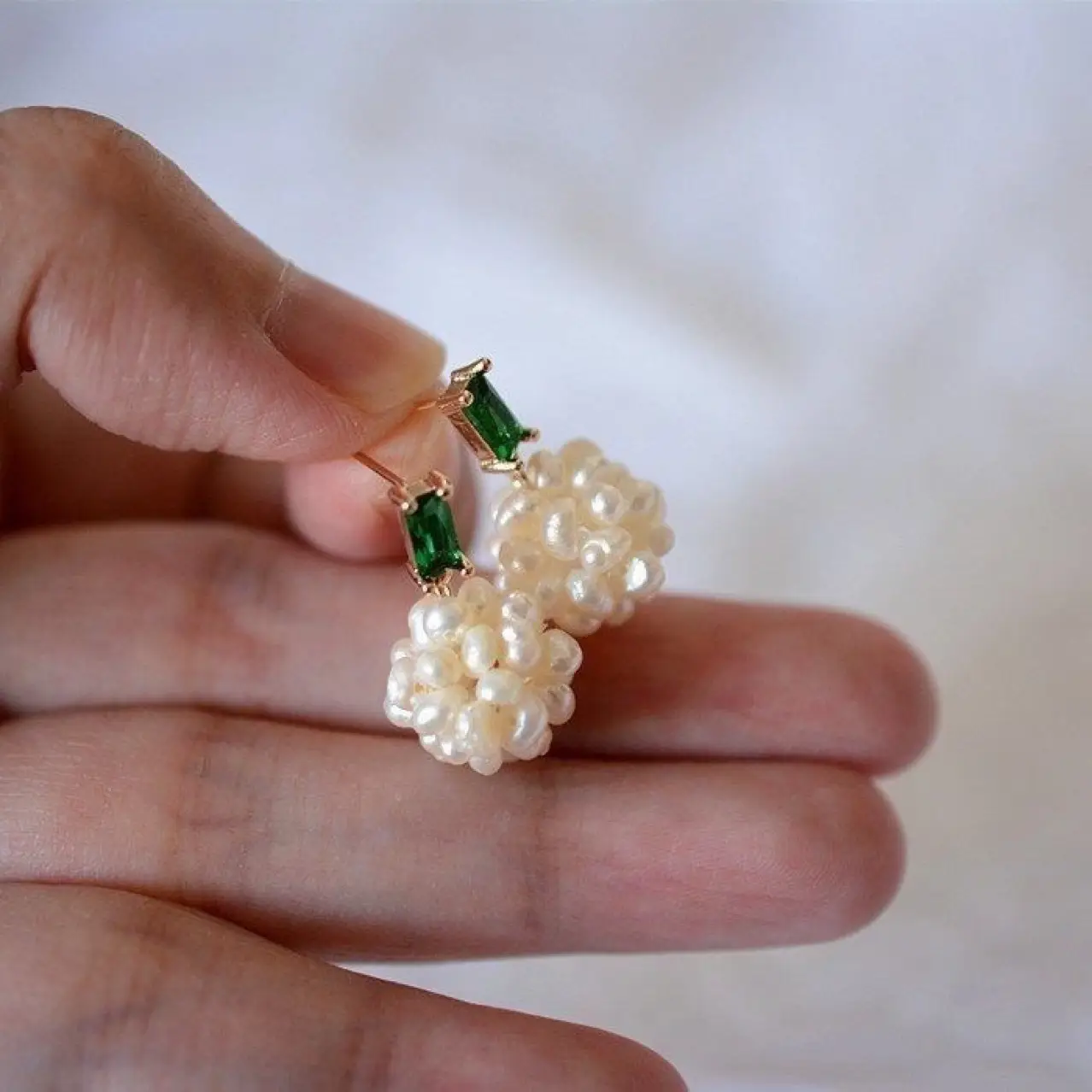 Freshwater Pearl Earrings for Women with Emerald Hydrangea Design — feature 7
