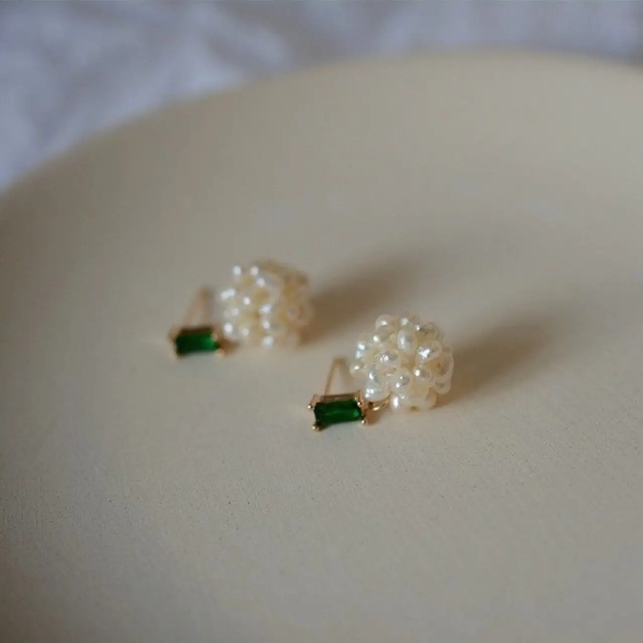 Freshwater Pearl Earrings for Women with Emerald Hydrangea Design — feature 9
