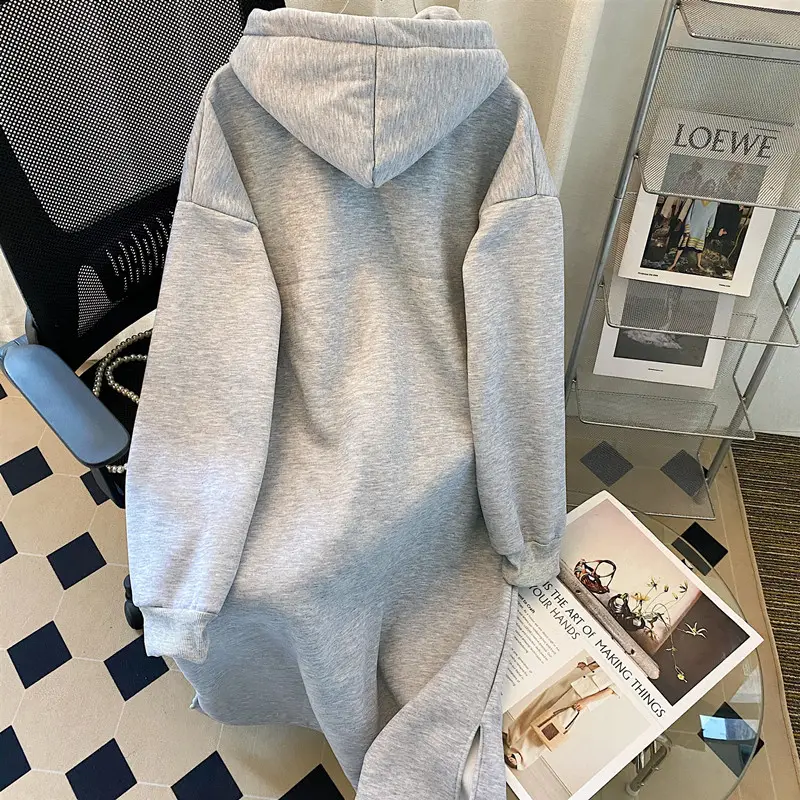 Women Korean Hooded Pullover Long Sweater Dress Grey — feature 10
