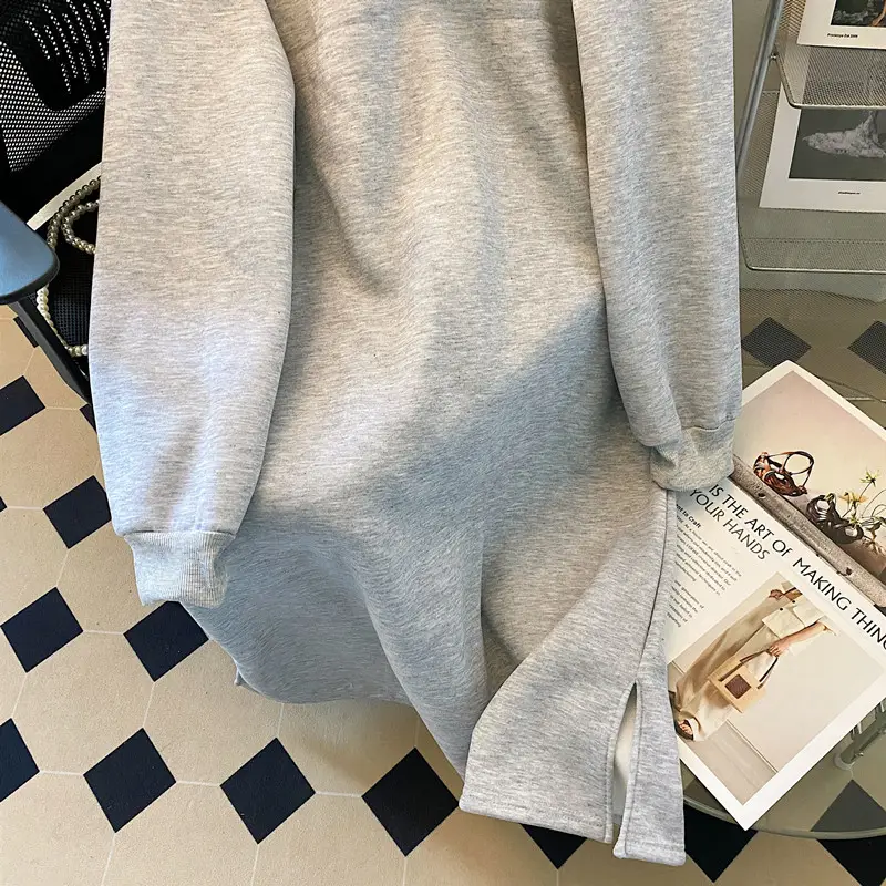 Women Korean Hooded Pullover Long Sweater Dress Grey — feature 11