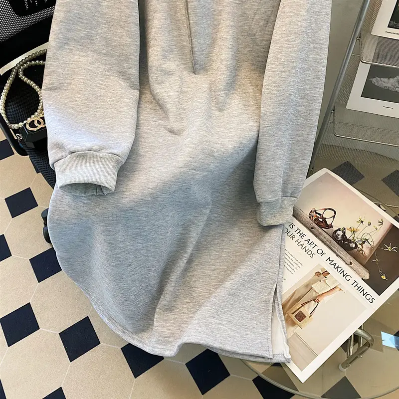 Women Korean Hooded Pullover Long Sweater Dress Grey — feature 12