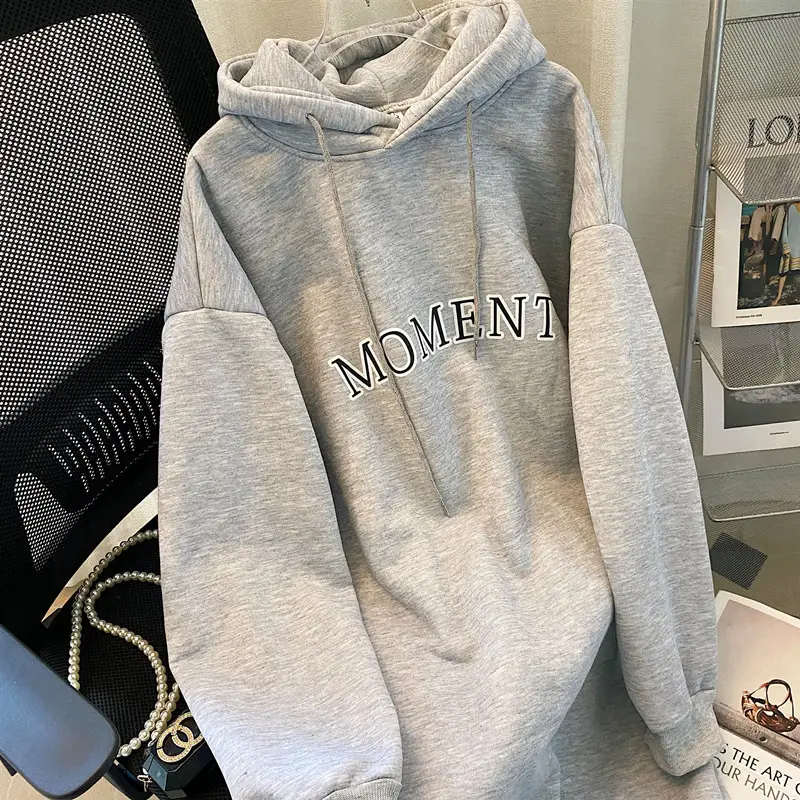 Women Korean Hooded Pullover Long Sweater Dress Grey — feature 5