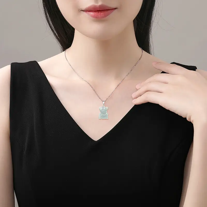 Natural Burma Jade Bear Pendant S925 Silver Necklace