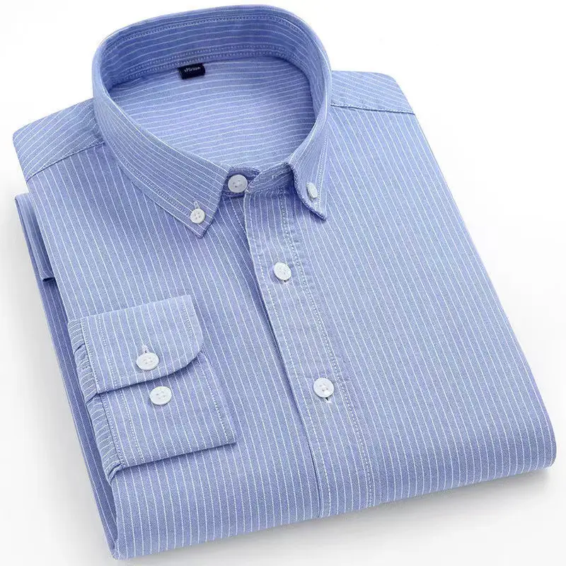 Men Cotton Vertical Stripe Shirt Light Blue Spring Autumn - Image 6
