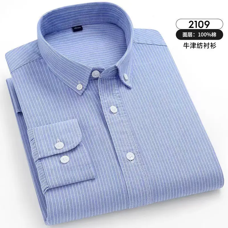 Men Cotton Vertical Stripe Shirt Light Blue Spring Autumn - Image 3