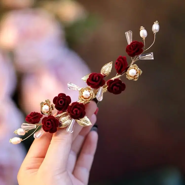 Vintage Red Rose Hairpin with Gold Leaf Design - Image 4