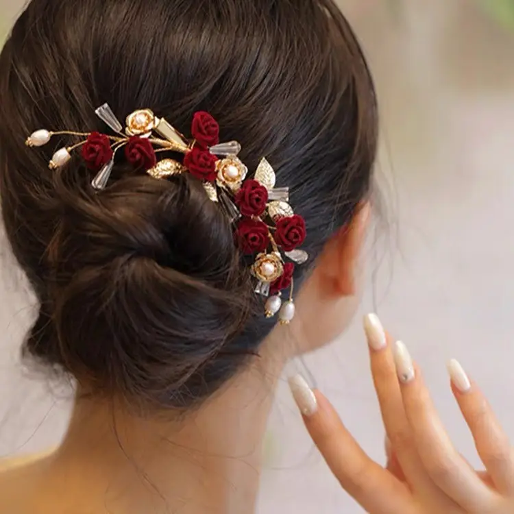 Vintage Red Rose Hairpin with Gold Leaf Design - Image 5