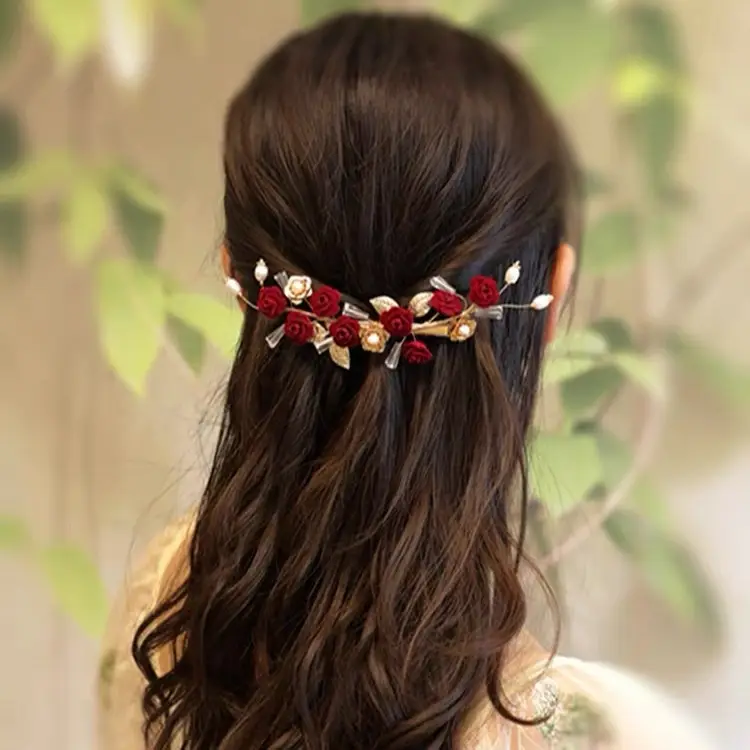 Vintage Red Rose Hairpin with Gold Leaf Design - Image 7