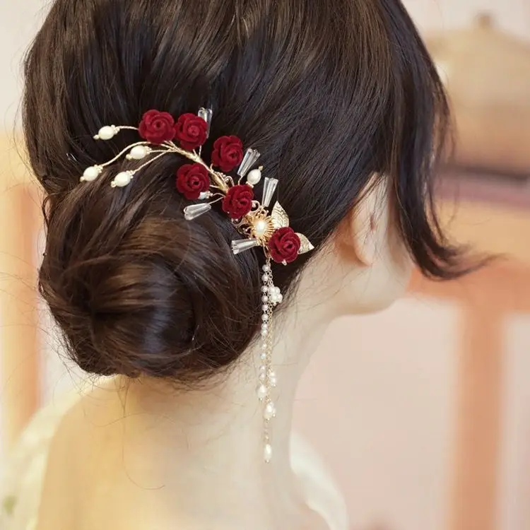 Vintage Red Rose Hairpin with Gold Leaf Design - Image 2