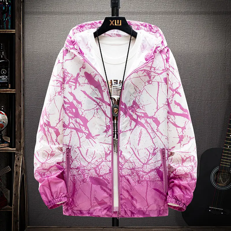 Men Gradient Pink White Zipper Jacket Large - Image 6