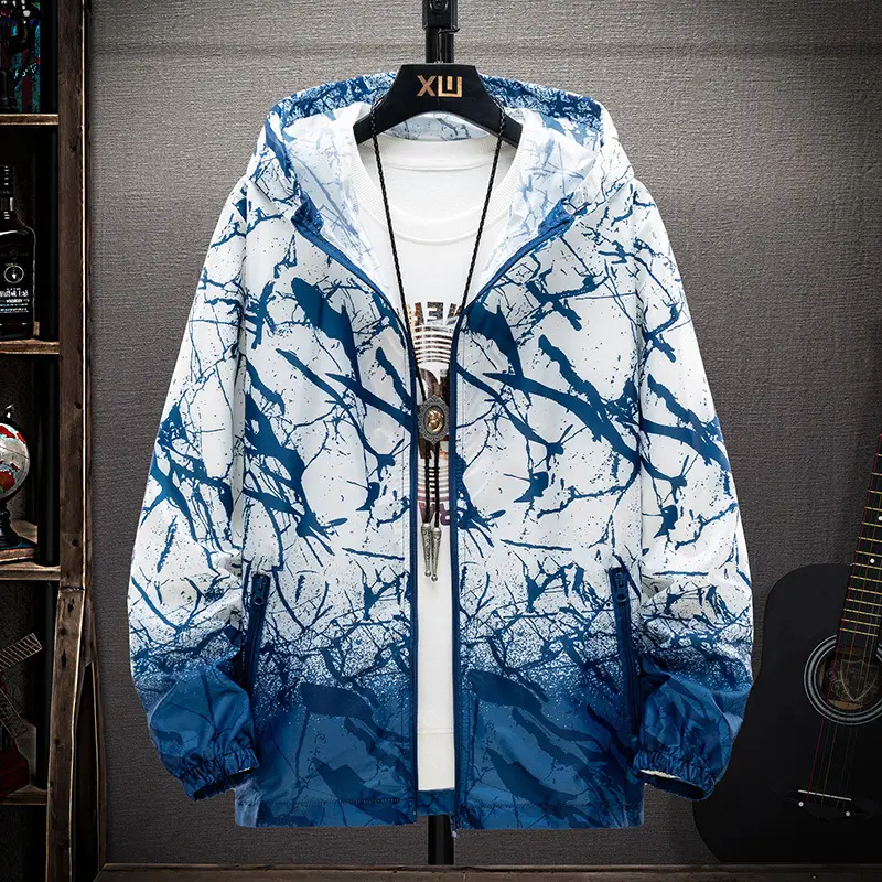 Men Gradient Pink White Zipper Jacket Large - Image 2