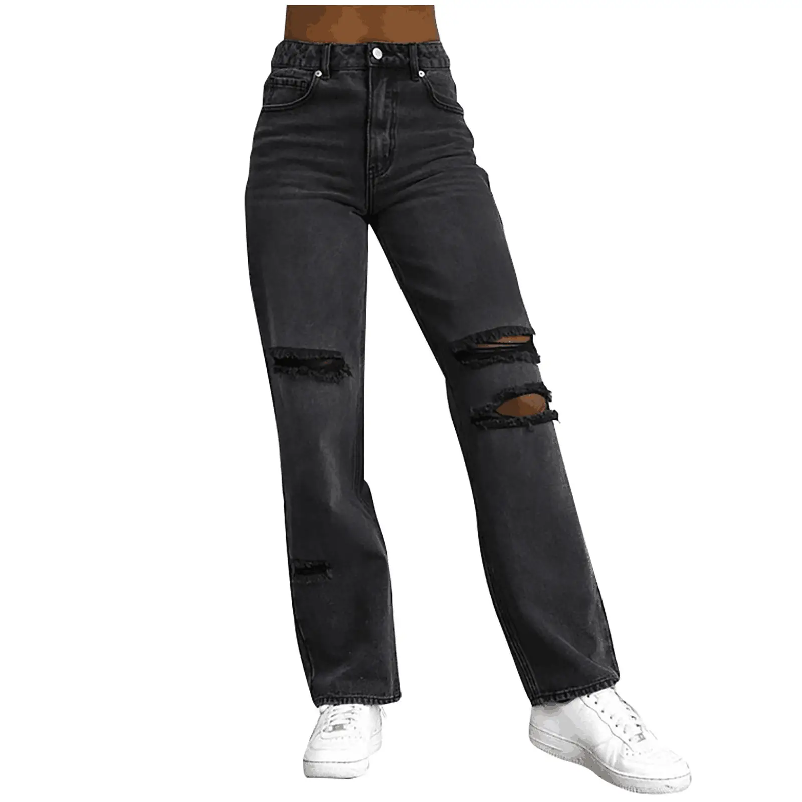 Black Ripped Denim Trousers for Women - Image 3