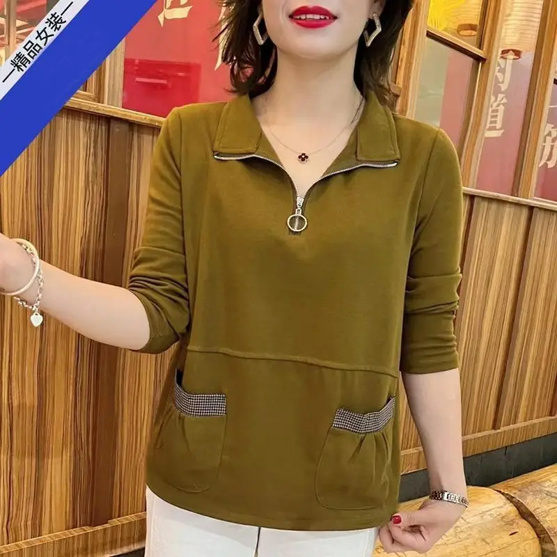Women's Olive Green Zipper Pullover Sweater Long Sleeve — feature 2
