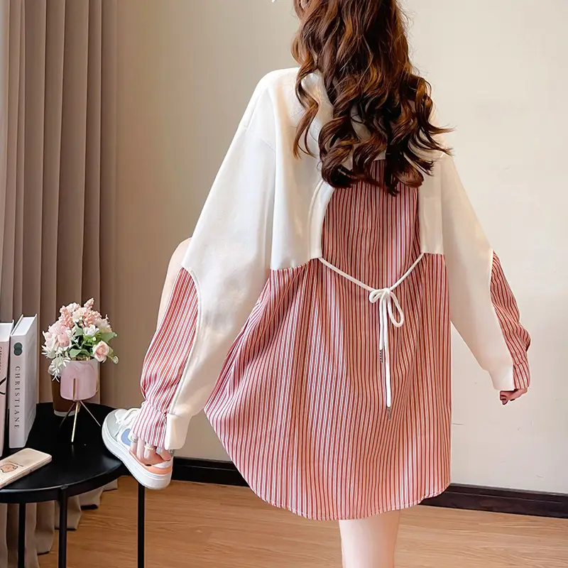 Women Crossbody Sweatshirt Set White Pink Striped Long Sleeve - Image 5