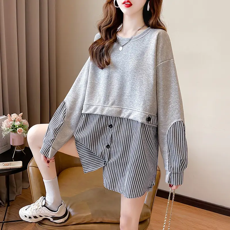 Women Crossbody Sweatshirt Set White Pink Striped Long Sleeve - Image 6