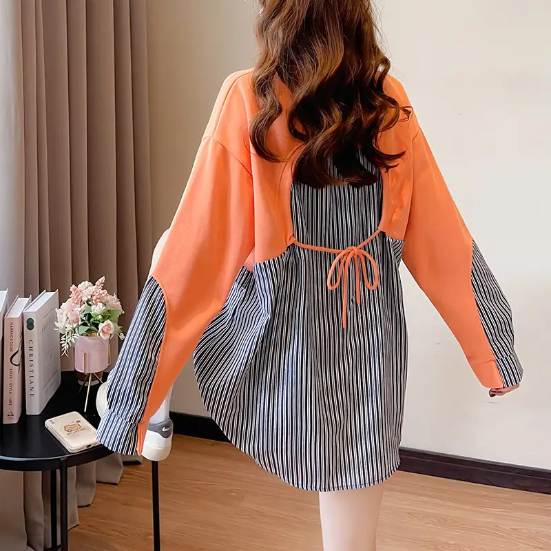 Women Crossbody Sweatshirt Set White Pink Striped Long Sleeve - Image 7
