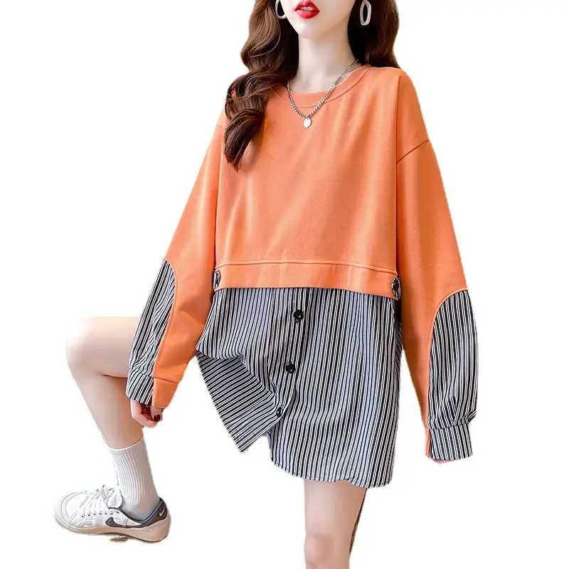 Women Crossbody Sweatshirt Set White Pink Striped Long Sleeve - Image 8