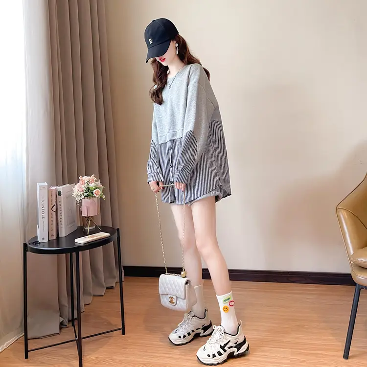 Women Crossbody Sweatshirt Set White Pink Striped Long Sleeve — feature 14
