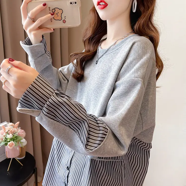 Women Crossbody Sweatshirt Set White Pink Striped Long Sleeve — feature 17