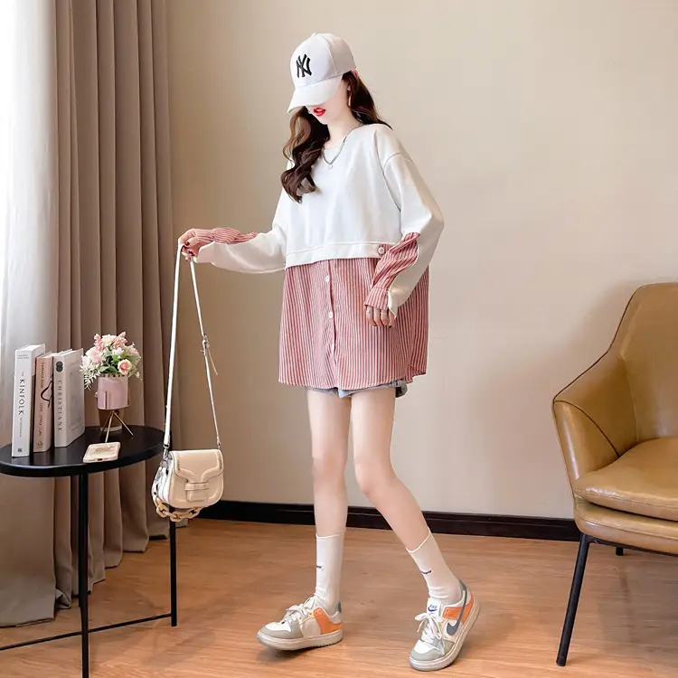 Women Crossbody Sweatshirt Set White Pink Striped Long Sleeve — feature 4