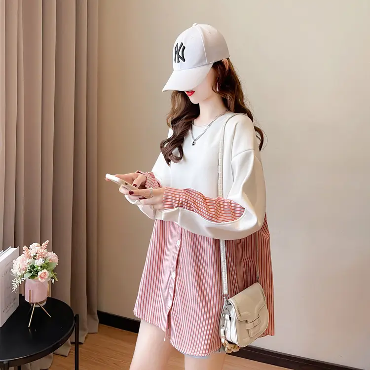 Women Crossbody Sweatshirt Set White Pink Striped Long Sleeve — feature 5