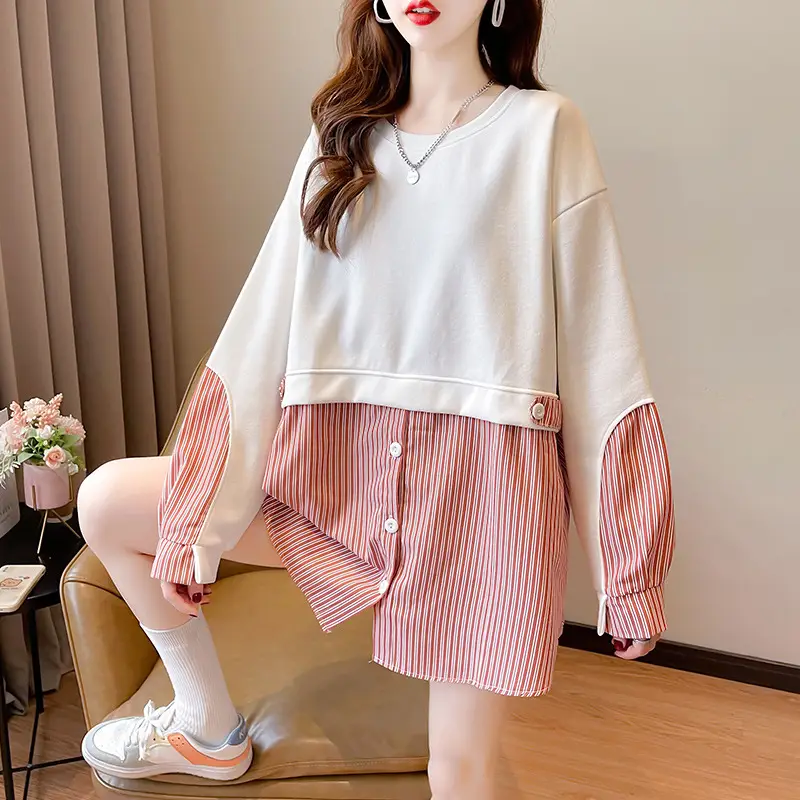 Women Crossbody Sweatshirt Set White Pink Striped Long Sleeve - Image 3