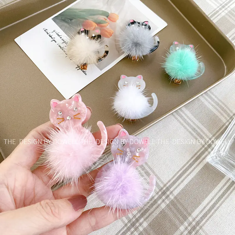 Cute Cat Acetate Hair Clips for Girls Plush Winter Accessories - Image 15