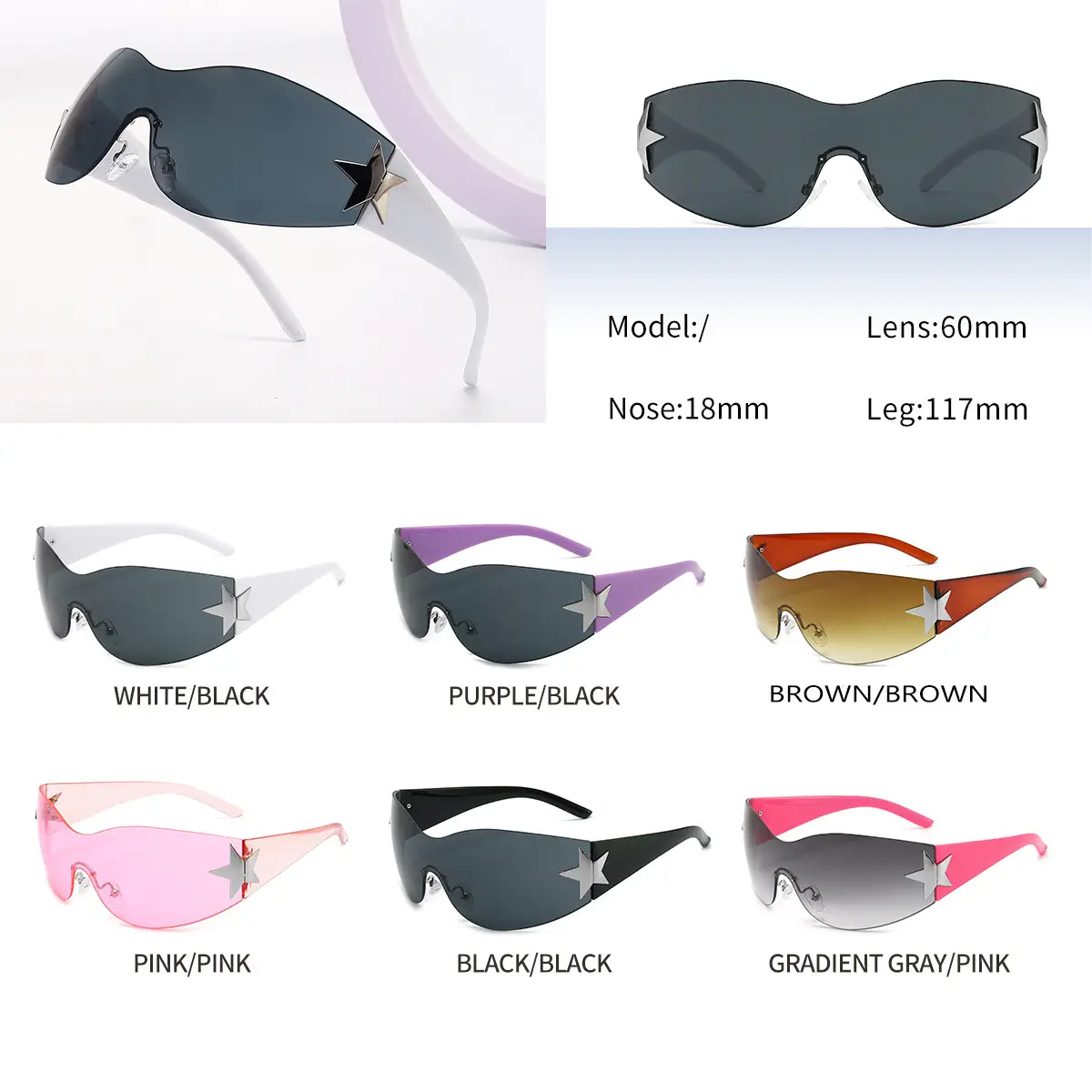 Aviator Sunglasses with Star Design, White & Grey, One-Piece Frame — feature 7