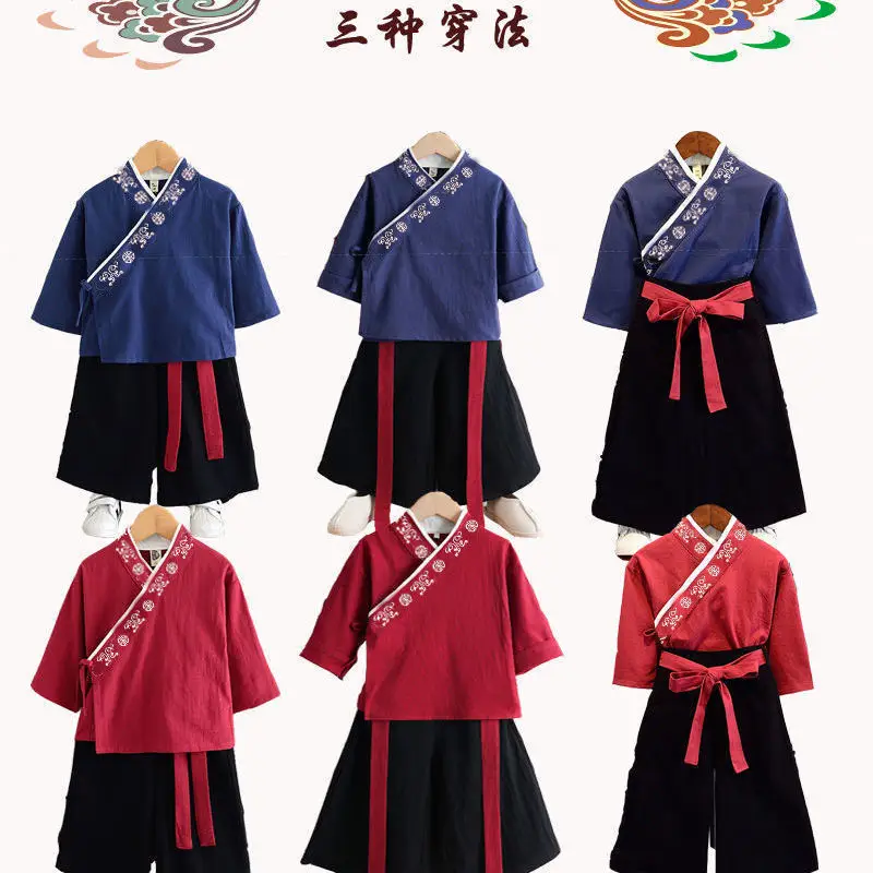 Children Hanfu Costume Cotton Suit Blue Red Black