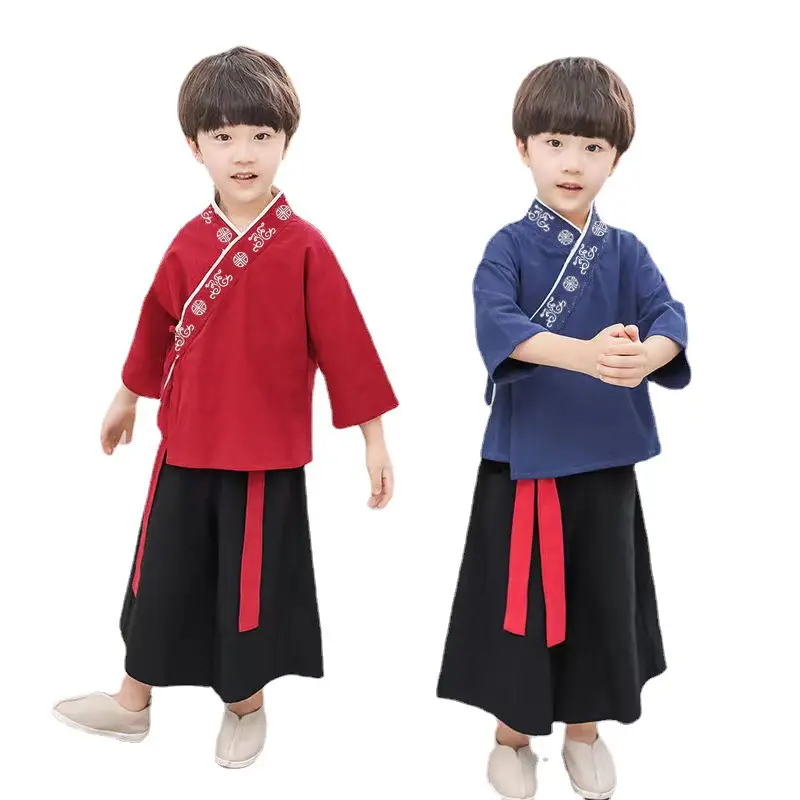 Children Hanfu Costume Cotton Suit Blue Red Black