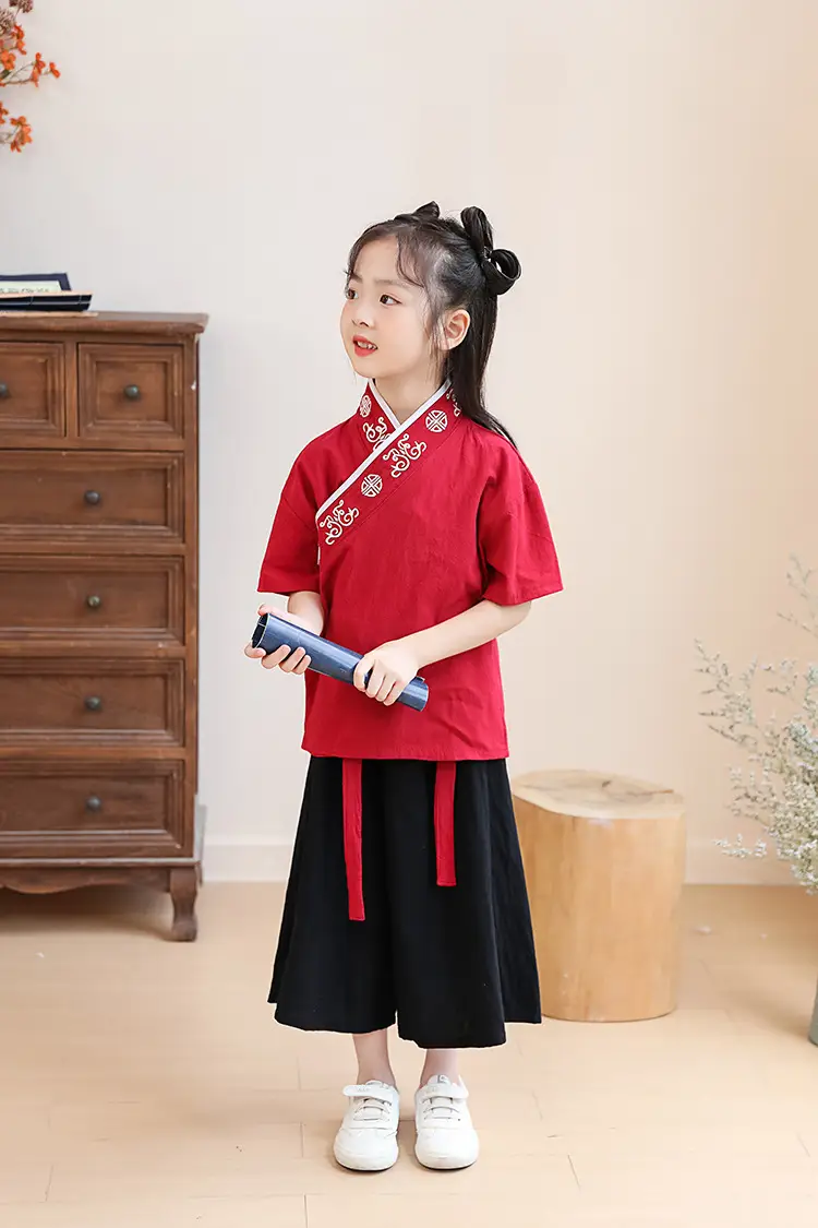 Children Hanfu Costume Cotton Suit Blue Red Black