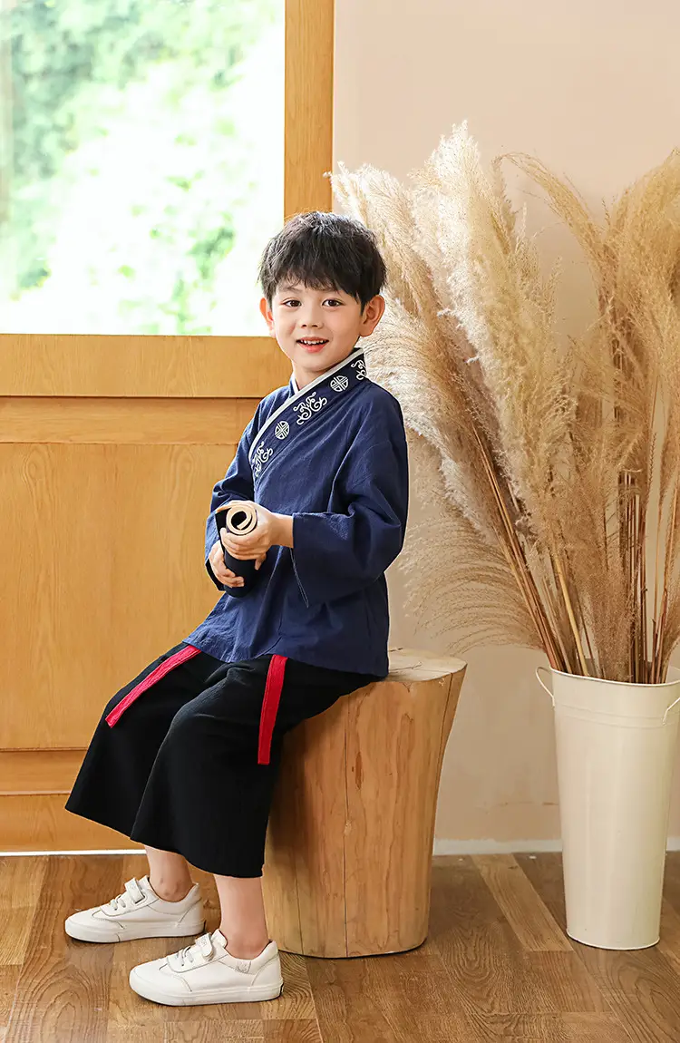 Children Hanfu Costume Cotton Suit Blue Red Black