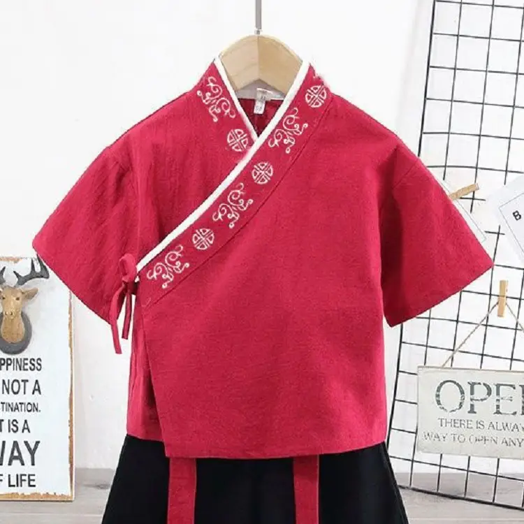 Children Hanfu Costume Cotton Suit Blue Red Black