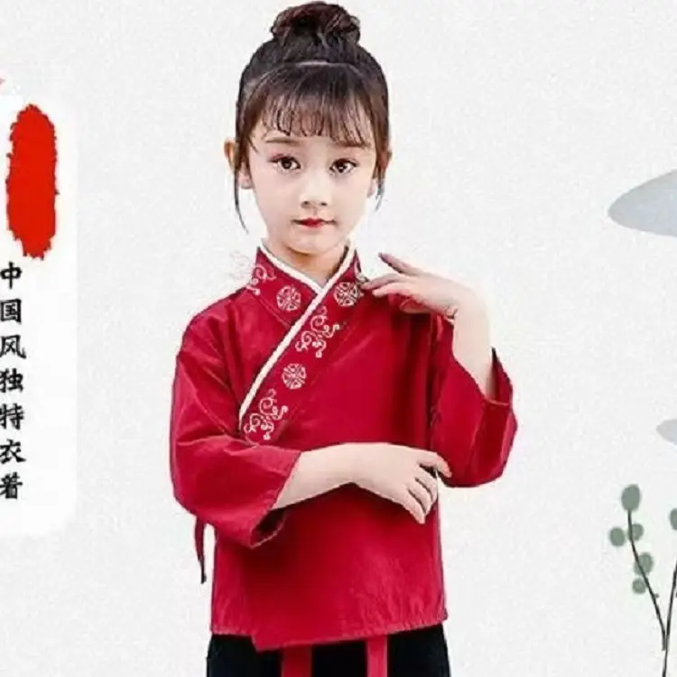 Children Hanfu Costume Cotton Suit Blue Red Black